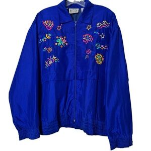 Vintage Strictly Silk Blue Embroidered Jacket – M 90s Festival Windbreaker